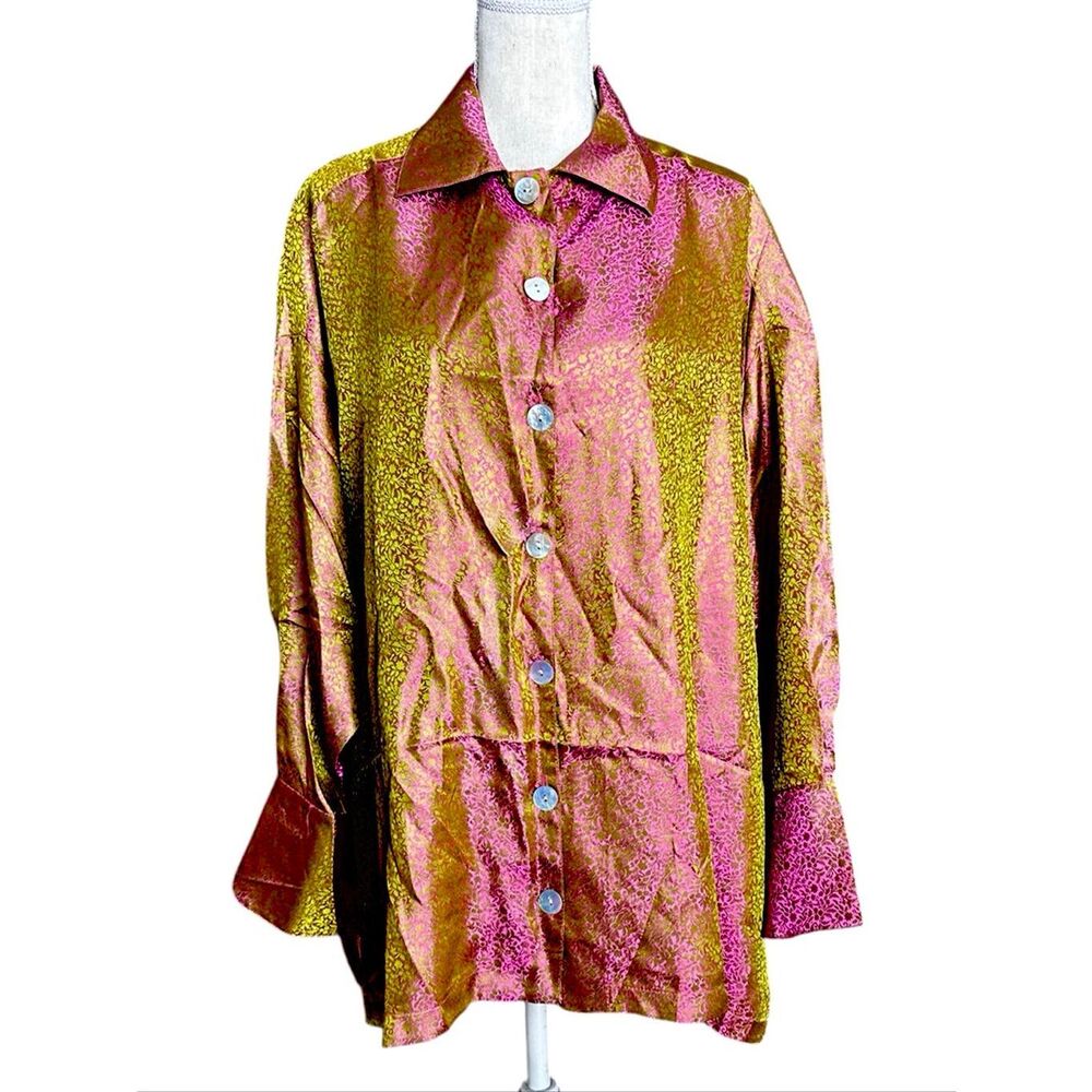 UC 2 Green Pink Metallic Blouse Shell Buttons L/XL